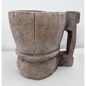 Antique Primitive Hand Carved Wooden Mortar Grain Pounder Scoop Bowl Rustic